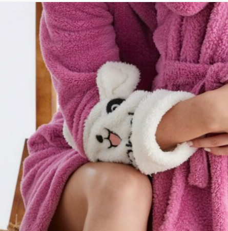 Halat Femei Cocolino cu gluga si botosi asortati, model cu catel, Pufos, roz/alb, I4_8E9F [2]