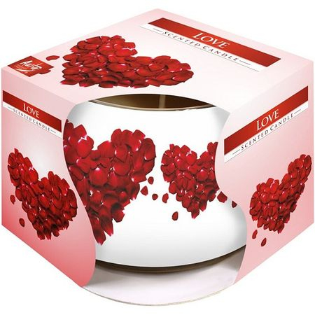 Lumânare parfumată LOVE în pahar din sticlă cu design romantic și inimioare roșii, [1]