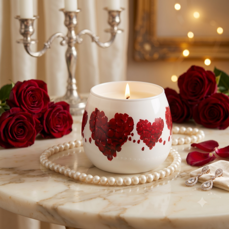 Valentine's Day - Lumânare parfumată LOVE în pahar din sticlă cu design romantic și inimioare roșii,