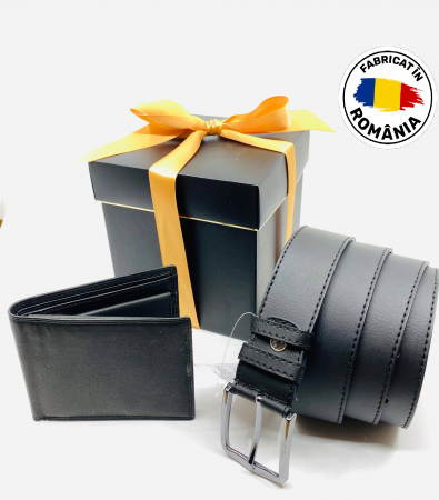 Pachet Promo Portofel de piele si Curea de piele de barbati neagra C11451N-RO125cm, produs in Romania [0]