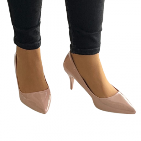 Pantofi stiletto nude de lac,cu toc mediu din piele ecologica AB18 [2]