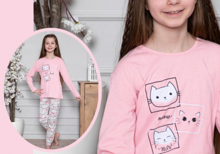 Pijama bumbac  două piese pentru fetite cu pisici, 6-14 ani, 806, culoare roz [1]