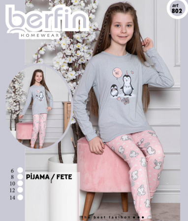 Pijama bumbac două piese pentru fetite cu pinguini, 6-14 ani, 802 [0]