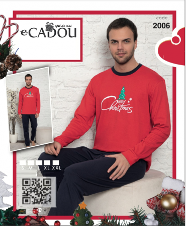 Pijama cu tematica de Craciun, din două piese,barbati, Material 100% bumbac, Lux,  2006Rosu, Merry Christmas [0]