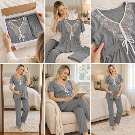 Pijama din 2 piese pentru gravide si proaspete mamici, Material Bumbac, Lux, JEN50331 [1]