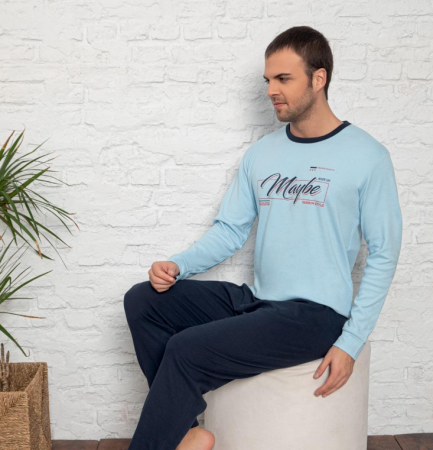Pijamale de barbati - Pijama din două piese pentru barbati Maybe, Material bumbac, Berfin 8016 albastra