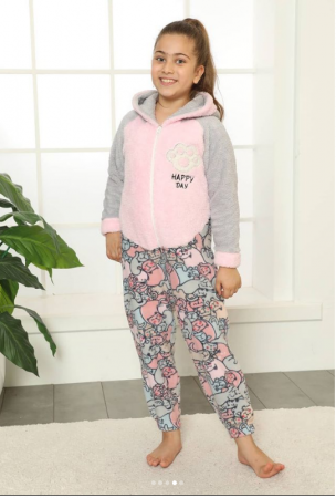 Set MAMA-FIICA cu urechi de pisica,  Material polar, Lux,  14127, model cu pisica gri si roz [1]