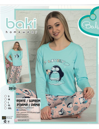 Pijamale de dama - Pijama FEMEI cu pinguini, din două piese, Material 100% bumbac, Lux,  BAK2010