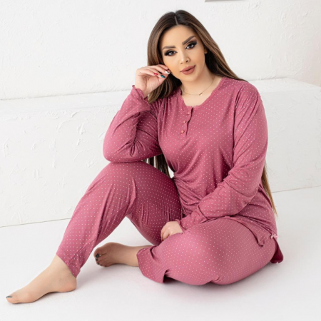 Pijama FEMEI serie mare Battal, din două piese, Material 100% Viscon, Lux,  BAK21Roz, model cu buline [0]