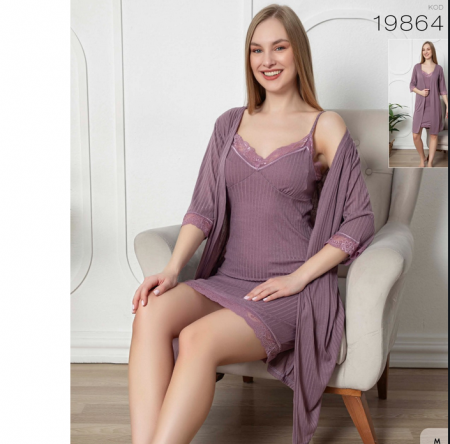 Pijamale de dama - Set halat si camasa de noapte femei din două piese, Material bumbac Lux PIJ19864