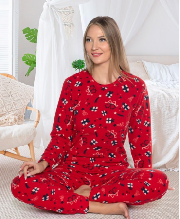 Pijama FEMEI polar, din două piese, Material 100% micro, Lux,  3001 rosu cu tematica de craciun [2]