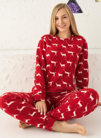 Pijama FEMEI polar, din două piese, Material 100% micro, Lux,  505 rosu cu reni si tematica de craciun [1]