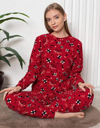 Pijamale de dama groase - Pijama FEMEI polar, din două piese, Material 100% micro, Lux,  3001 rosu cu tematica de craciun