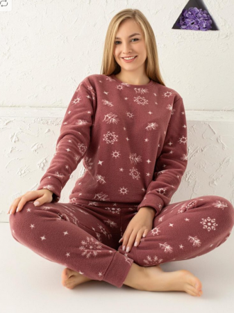 Pijama FEMEI polar, din două piese, Material 100% micro, Lux,  508 capuccino cu tematica de craciun [1]