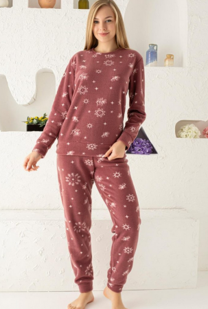 Reconcile By name Reliable Pijama FEMEI polar, din două piese, Material 100% micro, Lux, 508 capuccino  cu tematica de craciun