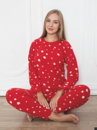 Home - Pijama FEMEI polar, din două piese, Material 100% micro, Lux,  BAK04 rosu cu stelute