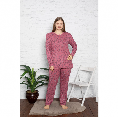 Pijama FEMEI serie mare Battal, din două piese, Material 100% Viscon, Lux,  BAK18 model cu floricele [1]
