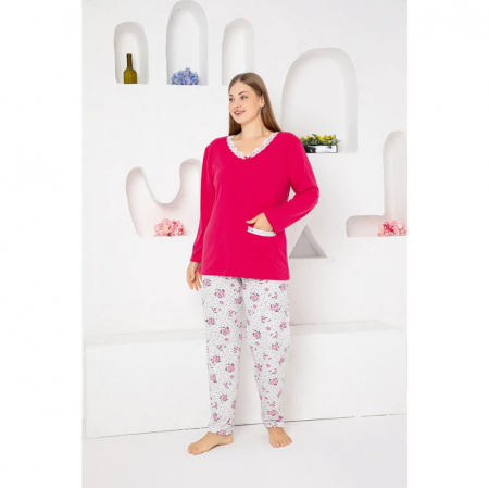 Pijama FEMEI serie mare Battal, din două piese, Material Bumbac, Lux, BERF2040 roz [1]