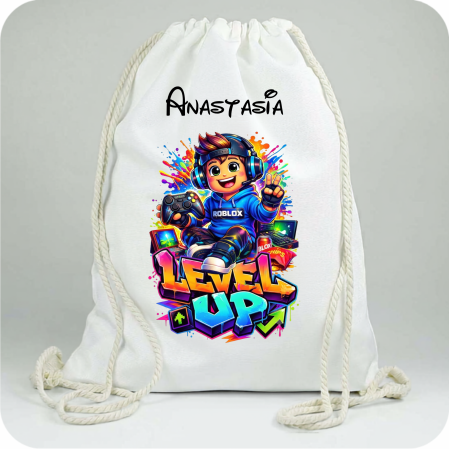 Saculeti personalizati - Săculeți Personalizați cu  Gamin Level UP pentru Școală și Grădiniță | Cu Nume Copil | e-Cadou