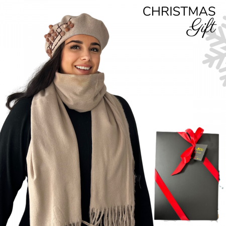 Set 2in1 Caciula de dama stil bereta cu esarfa asortata, marime universala, culoare capuccino, BM22.03-1507, Rabionek Polonia [0]