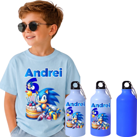 Sticla de apa personalizata - Set Back to School Tricou + Bidon de apa termosensibil la rece pentru copilul tău  Sonic