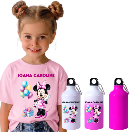 Sticla de apa personalizata - Set Back to School Tricou + Bidon de apa termosensibil la rece pentru copilul tău  Minnie