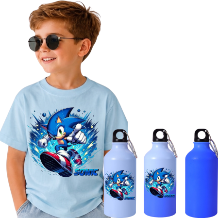 Sticla de apa personalizata - Set Back to School Tricou + Bidon de apa termosensibil la rece pentru copilul tău  Sonic