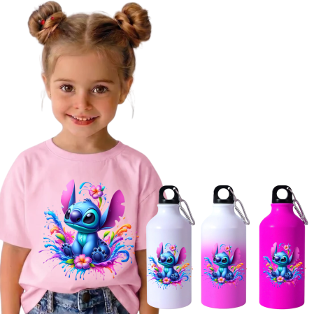 Sticla de apa personalizata - Set Back to School Tricou + Bidon de apa termosensibil la rece pentru copilul tău  Stitch