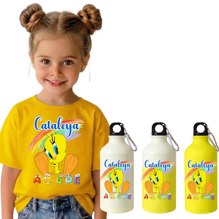 Sticla de apa personalizata - Set Back to School Tricou + Bidon de apa termosensibil la rece pentru copilul tău Tweety