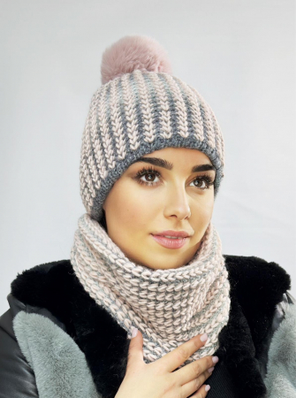 Set Caciula si fular impletite, calduroase din lana, caciula dublata în interior MIRA roz, Polonia [0]