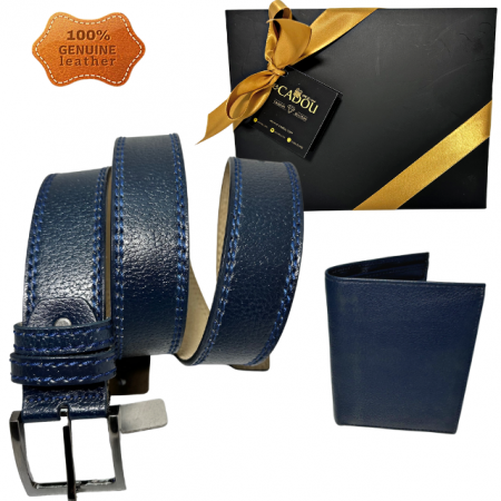 Cadouri pentru Bunici - Set cadou bărbați 100% piele, Portofel și Curea de pantaloni, culoare bleomarin cu striatii, F-2106-4