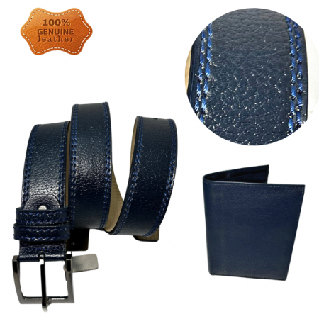 Set cadou bărbați 100% piele, Portofel și Curea de pantaloni, culoare bleomarin cu striatii, F-2106-4 [1]