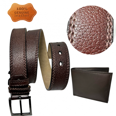 Set cadou bărbați 100% piele, Portofel și Curea de pantaloni, culoare maro inchis cu striatii, F-2106-4 [1]