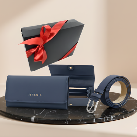 Pachete si seturi cadou femei - Set cadou femei Portofel si Curea de piele naturala 100% produs in Romania, albastru 3cm ,SRN_ALCB03