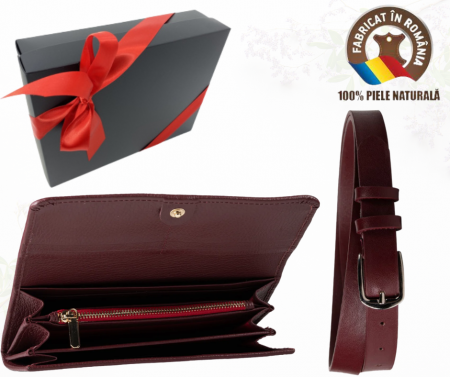Set cadou femei Portofel si Curea de piele naturala 100% produs in Romania, visiniu, ,SRN_ALC03 [0]
