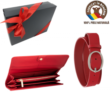 Set cadou femei Portofel si Curea de piele naturala 100% produs in Romania, rosu 2.9cm,SRN_ALC05R [1]