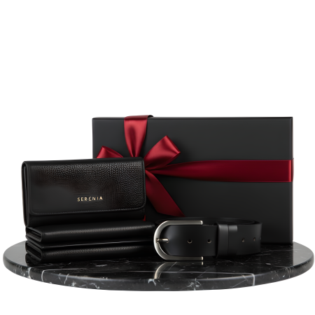 Pachete si seturi cadou femei - Set cadou GINA pentru femei Portofel si Curea de piele naturala 100% produs in Romania, negru 3cm ,SRN_ALCN03