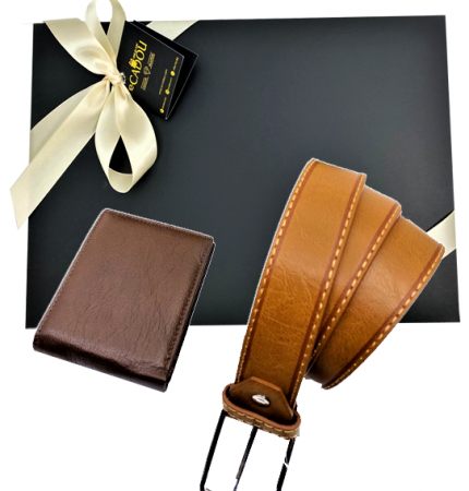 Fashion - Set cadou pentru bărbați Portofel de piele si Curea maro mărime 135cm, maro Coffee, DW15040