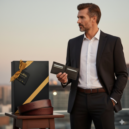 Seturi barbati portofel si curea - Set cadou Portofel din piele naturala si Curea din piele ecologica A-2185-4B, latime curea 3.5cm, e-CADOU