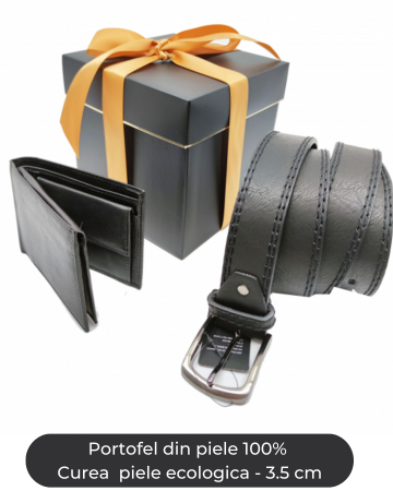 Seturi barbati portofel si curea - Set cadou Portofel piele si Curea piele ecologica de barbati neagra,A391.35-P1373, latime curea 3.5cm
