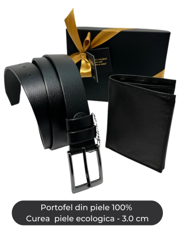 Fashion - Set cadou Portofel piele si Curea piele ecologica de barbati neagra,TRI23.3015, latime curea 3cm