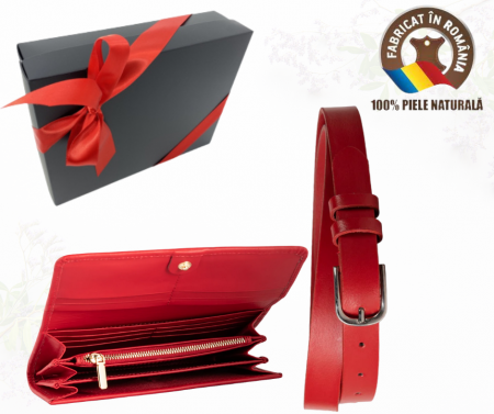 Set cadou femei Portofel si Curea de piele naturala 100% produs in Romania, rosu,SRN_ALC01 [0]