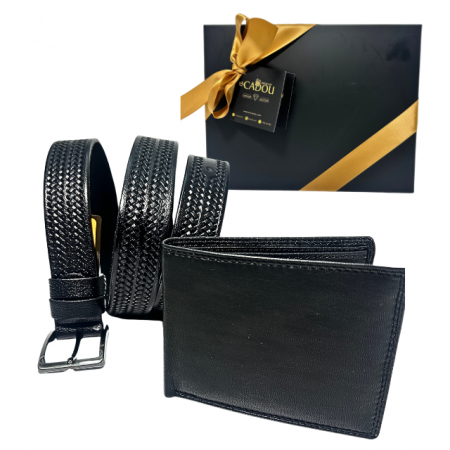 Set cadou Portofel si Curea de piele naturala de barbati neagra,TRN23.3021IMP, latime curea 3cm, impletita, e-CADOU [2]