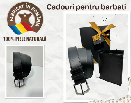 Set cadou Portofel si Curea de piele naturala de barbati negru, produs in Romania, cu cusatura pe margini [3]
