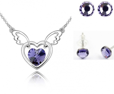 Bijuterii - Set FANTASY HEART Violet inchis cu cristale,placat cu aur alb 18k