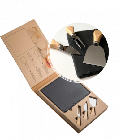 Set pentru cascaval, impachetat in cutie din carton robust, cu placa de ardezie si cutite din inox [1]