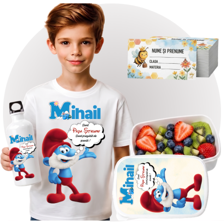 Seturi Complete Back to School - Set Promo Back to School Papa Strumf Tricou + Cutie + Bidon Personalizat pentru copilul tău