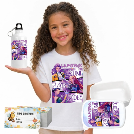 Sticla de apa personalizata - Set Promo Back to School cu nume - KPop Demon Hunters - Purple Tricou + Cutie + Bidon Personalizat pentru copilul tău