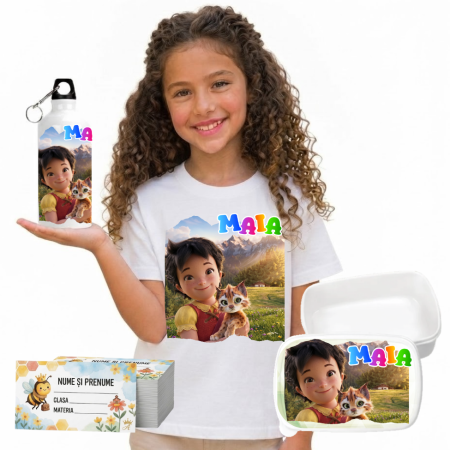 Seturi Complete Back to School - Set Promo Back to School HEIDI, fetita din munti– Tricou + Cutie + Bidon Personalizat pentru copilul tău