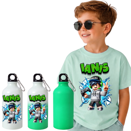 Sticla de apa personalizata - Set Back to School  Roblox  Tricou + Bidon de apa termosensibil la rece pentru copilul tău